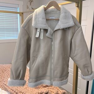 Leather Aviator Jacket - Size Large, Beige